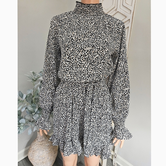 Influence Fashion Black All Over Print Mock Neck Ruffle Hem Mini Dress Size 12UK - Picture 3 of 9